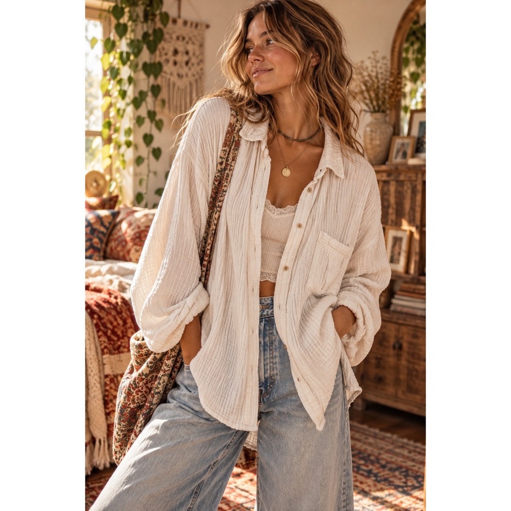 Aerie White Cotton Gauze Oversized Button Down Shirt Long Sleeve Medium